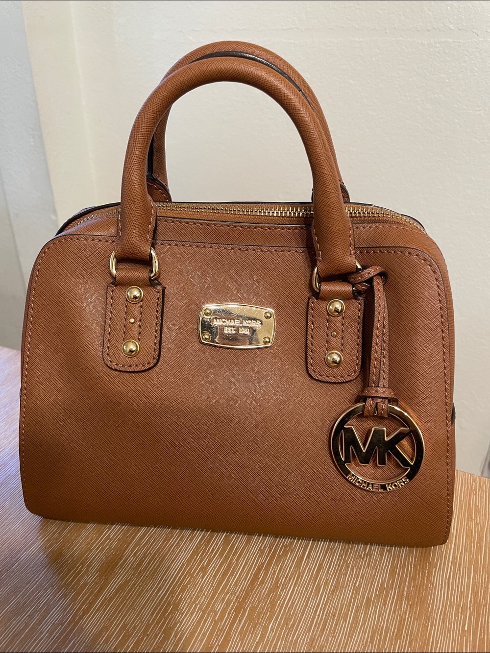 Michael Kors Brown Saffiano Leather Dome Satchel with MK Charm